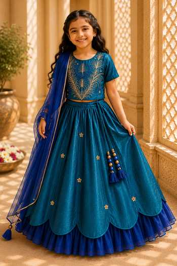 Buy_MI Dulce AN'YA_Blue Cotton, Chanderi Teal Embroidered Lehenga And Top Set _at_Aza_Fashions