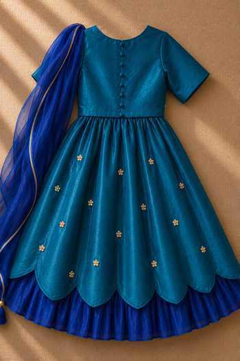 Shop_MI Dulce AN'YA_Blue Cotton, Chanderi Teal Embroidered Lehenga And Top Set _at_Aza_Fashions