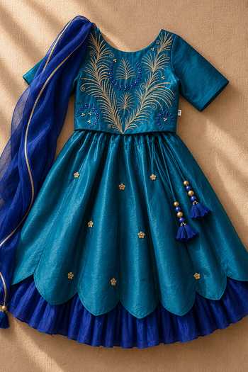 MI Dulce AN'YA_Blue Cotton, Chanderi Teal Embroidered Lehenga And Top Set _Online_at_Aza_Fashions