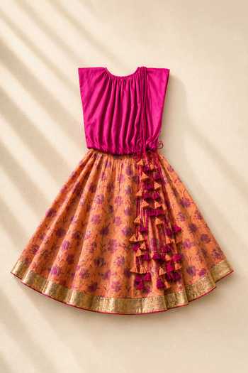 MI Dulce AN'YA_Orange Cotton, Chanderi, Satin Fuchia Tasselled Lehenga And Top Set _Online_at_Aza_Fashions