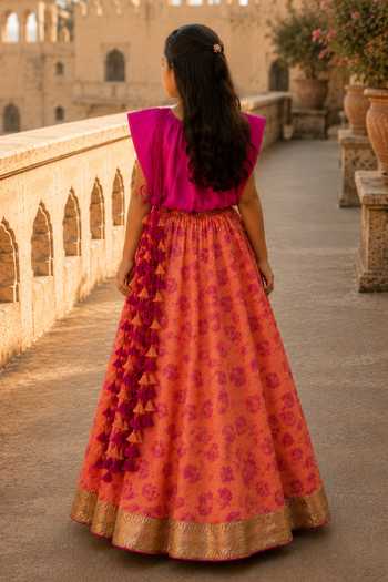 Shop_MI Dulce AN'YA_Orange Cotton, Chanderi, Satin Fuchia Tasselled Lehenga And Top Set _at_Aza_Fashions