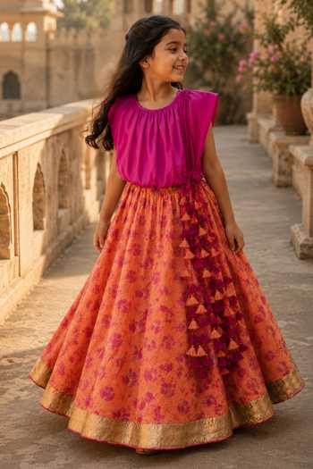 Buy_MI Dulce AN'YA_Orange Cotton, Chanderi, Satin Fuchia Tasselled Lehenga And Top Set _at_Aza_Fashions
