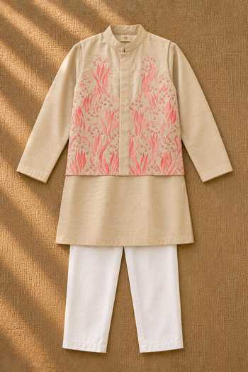 Buy_MI Dulce AN'YA_Cream Cotton, Chanderi Applique Pink Bundi Set _at_Aza_Fashions
