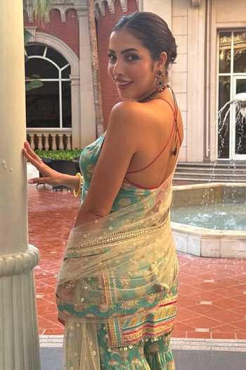 Buy_Gopi Vaid_Aqua Viscose, Net Halter Neck, Yes Dwisha Print Kurta Sharara Set 