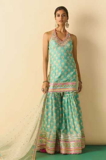 Gopi Vaid_Aqua Viscose, Net Halter Neck, Yes Dwisha Print Kurta Sharara Set _Online