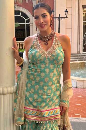 Buy_Gopi Vaid_Aqua Viscose, Net Halter Neck, Yes Dwisha Print Kurta Sharara Set _at_Aza_Fashions