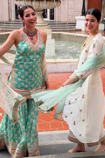 Buy_Gopi Vaid_Aqua Viscose, Net Halter Neck, Yes Dwisha Print Kurta Sharara Set _Online