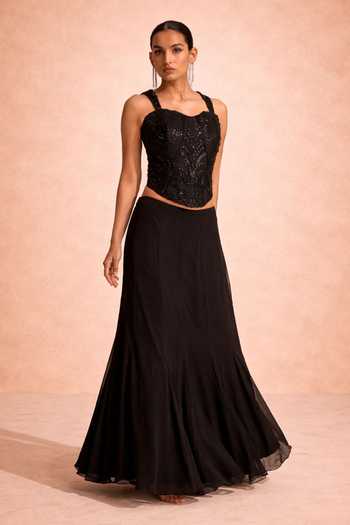 Buy_Meesa_Black Georgette, Satin, Net, Lycra Minal Hand Embroidered Top And Skirt Set _at_Aza_Fashions