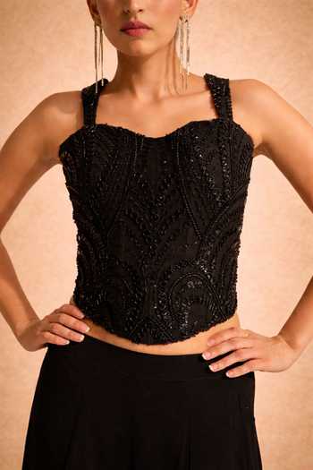 Shop_Meesa_Black Georgette, Satin, Net, Lycra Minal Hand Embroidered Top And Skirt Set _at_Aza_Fashions