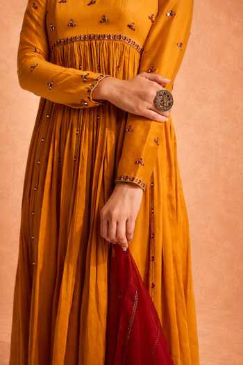 Shop_Meesa_Yellow Cotton, Organza, Chanderi Scoop Neck Roop Embroidered Anarkali Set _at_Aza_Fashions