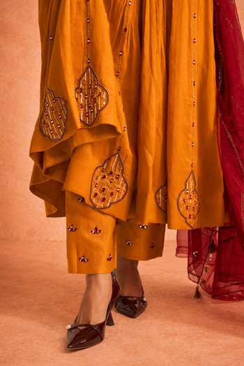 Meesa_Yellow Cotton, Organza, Chanderi Scoop Neck Roop Embroidered Anarkali Set _Online_at_Aza_Fashions