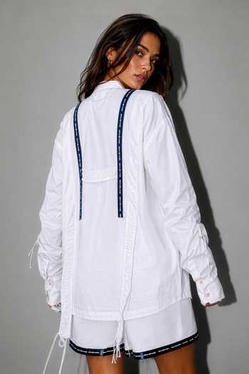 Shop_Saim_White Cotton Band Collar Gathered Suspender Shirt _at_Aza_Fashions