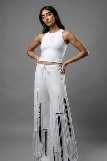 Shop_Saim_White Cotton Cut Outt Fringed Trouser _at_Aza_Fashions