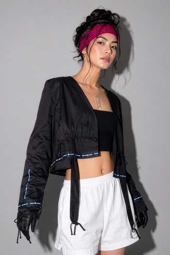 Saim_Black Cotton Open Neck Apron Cropped Jacket _Online_at_Aza_Fashions