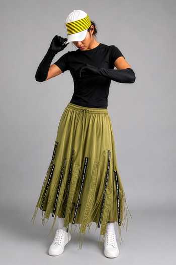 Buy_Saim_Green Cotton Cut Out Fringed Skirt _at_Aza_Fashions