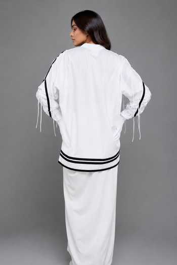 Shop_Saim_White Cotton Mandarin Collar Gathered Eye Shirt _at_Aza_Fashions