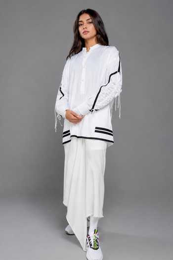 Buy_Saim_White Cotton Mandarin Collar Gathered Eye Shirt _at_Aza_Fashions