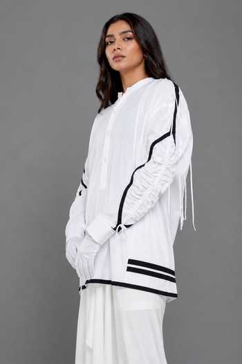 Saim_White Cotton Mandarin Collar Gathered Eye Shirt _Online_at_Aza_Fashions