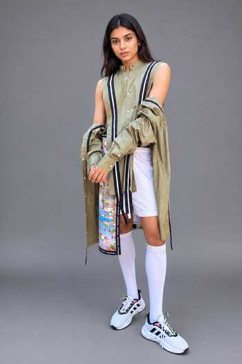 Saim_Green Cotton Mandarin Collar Deconstructed Buttons Shirt _Online_at_Aza_Fashions