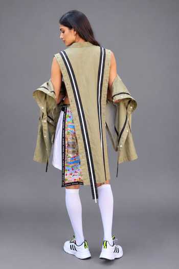 Buy_Saim_Green Cotton Mandarin Collar Deconstructed Buttons Shirt _Online_at_Aza_Fashions