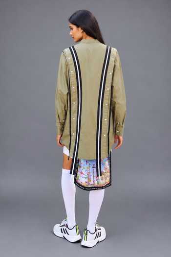 Shop_Saim_Green Cotton Mandarin Collar Deconstructed Buttons Shirt _at_Aza_Fashions