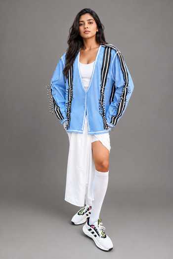 Saim_Sky Blue Cotton Open Neck Deconstructed Reversible Jacket _Online_at_Aza_Fashions