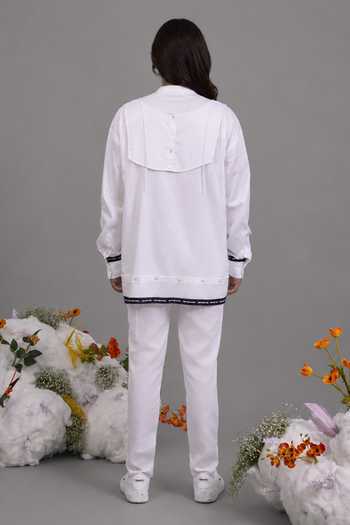 Shop_Saim_White Cotton Mandarin Collar Deconstructed Kurta Yoke Shirt _at_Aza_Fashions