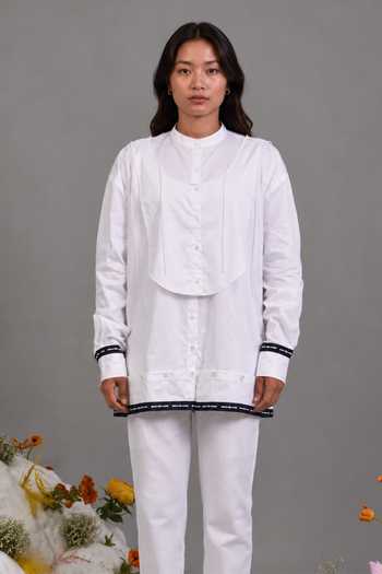 Buy_Saim_White Cotton Mandarin Collar Deconstructed Kurta Yoke Shirt _Online_at_Aza_Fashions