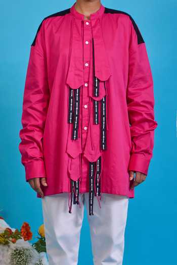 Buy_Saim_Fuchsia Cotton Mandarin Collar Multi Fringed Shirt _Online_at_Aza_Fashions