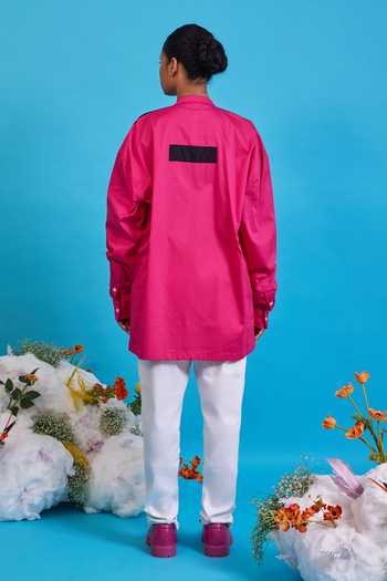 Shop_Saim_Fuchsia Cotton Mandarin Collar Multi Fringed Shirt _at_Aza_Fashions