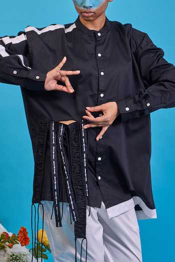 Buy_Saim_Black Cotton Mandarin Collar Cut Out Fringed Shirt _Online_at_Aza_Fashions