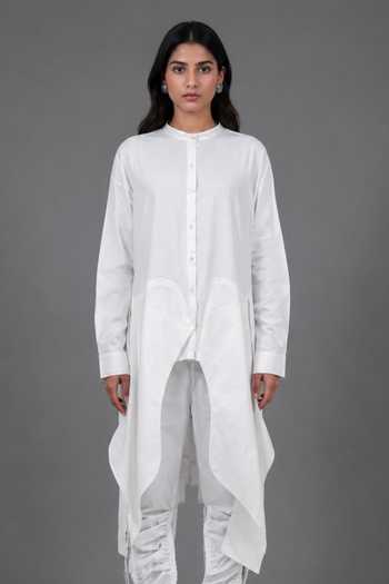 Saim_White Cotton Mandarin Collar Multi Sleeve Shirt _Online_at_Aza_Fashions