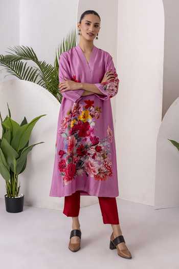 Haute Mess_Pink Silk, Chanderi V-neck Printed Tunic And Pant Set _Online_at_Aza_Fashions