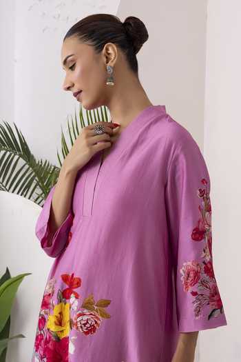 Buy_Haute Mess_Pink Silk, Chanderi V-neck Printed Tunic And Pant Set _Online_at_Aza_Fashions