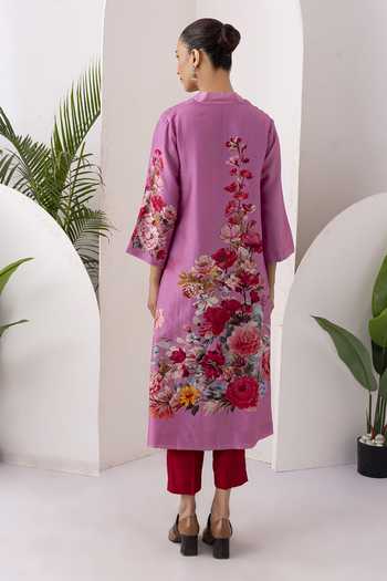 Shop_Haute Mess_Pink Silk, Chanderi V-neck Printed Tunic And Pant Set _at_Aza_Fashions