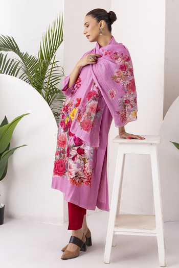 Buy_Haute Mess_Pink Silk, Chanderi V-neck Printed Tunic And Pant Set 