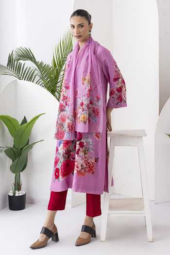 Shop_Haute Mess_Pink Silk, Chanderi V-neck Printed Tunic And Pant Set 