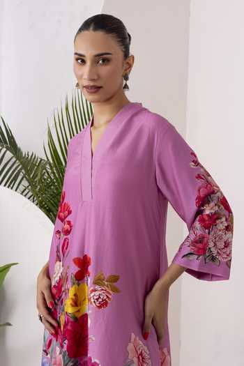Haute Mess_Pink Silk, Chanderi V-neck Printed Tunic And Pant Set _Online