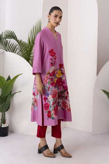 Buy_Haute Mess_Pink Silk, Chanderi V-neck Printed Tunic And Pant Set _Online