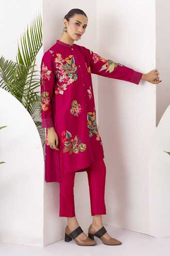 Buy_Haute Mess_Pink Silk, Chanderi Mandarin Collar, Yes Printed Kurta And Pant Set _Online_at_Aza_Fashions