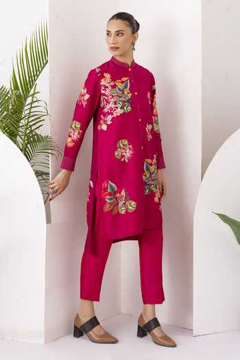 Shop_Haute Mess_Pink Silk, Chanderi Mandarin Collar, Yes Printed Kurta And Pant Set _Online_at_Aza_Fashions