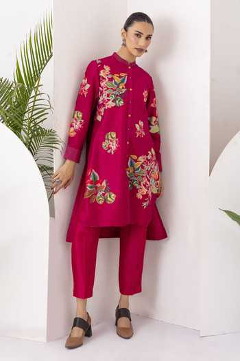 Haute Mess_Pink Silk, Chanderi Mandarin Collar, Yes Printed Kurta And Pant Set _at_Aza_Fashions