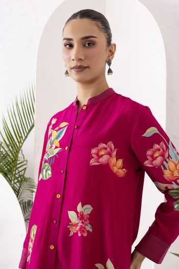 Buy_Haute Mess_Pink Silk, Chanderi Mandarin Collar, Yes Printed Kurta And Pant Set 