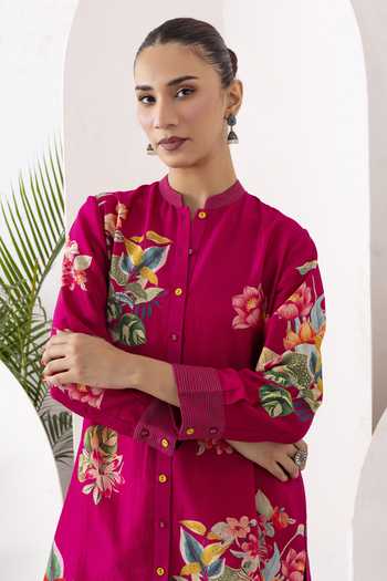 Shop_Haute Mess_Pink Silk, Chanderi Mandarin Collar, Yes Printed Kurta And Pant Set 