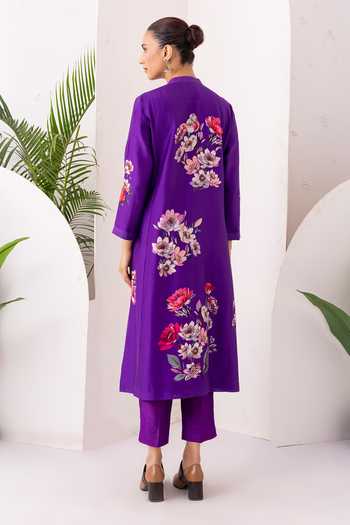 Shop_Haute Mess_Purple Silk, Chanderi Split V-neck, Yes Printed Kurta And Pant Set _at_Aza_Fashions