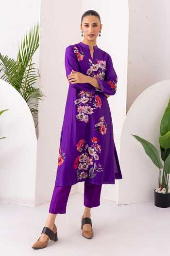 Haute Mess_Purple Silk, Chanderi Split V-neck, Yes Printed Kurta And Pant Set _Online_at_Aza_Fashions
