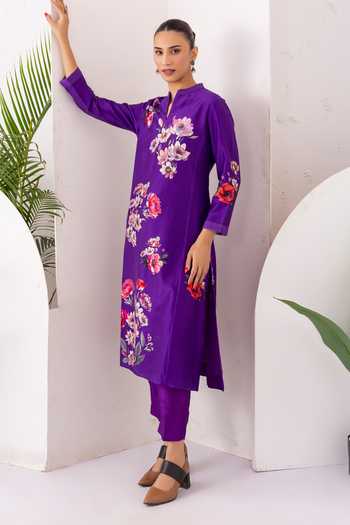 Buy_Haute Mess_Purple Silk, Chanderi Split V-neck, Yes Printed Kurta And Pant Set _Online_at_Aza_Fashions