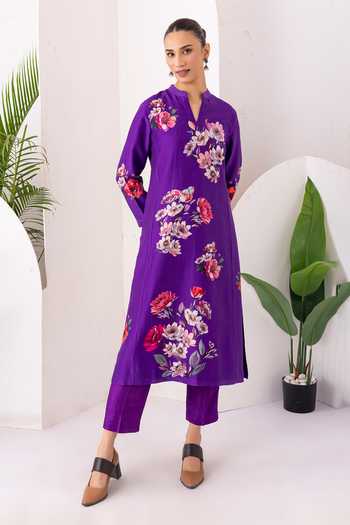 Shop_Haute Mess_Purple Silk, Chanderi Split V-neck, Yes Printed Kurta And Pant Set _Online_at_Aza_Fashions