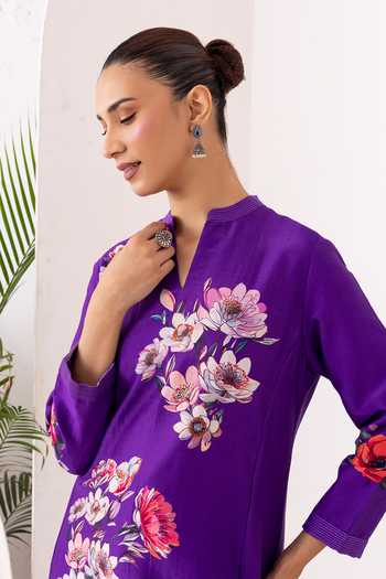 Buy_Haute Mess_Purple Silk, Chanderi Split V-neck, Yes Printed Kurta And Pant Set 