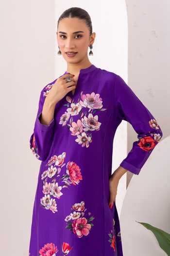 Shop_Haute Mess_Purple Silk, Chanderi Split V-neck, Yes Printed Kurta And Pant Set 